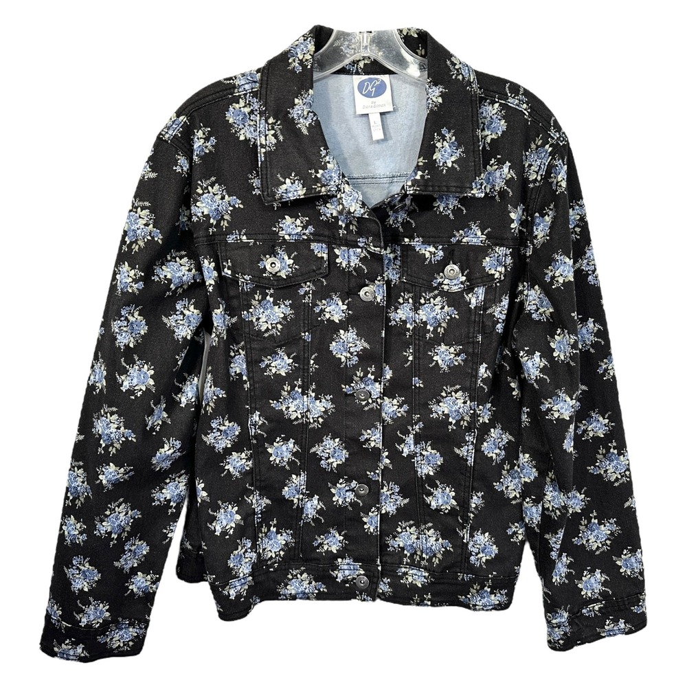 DG2 Diane Gilman Large Denim Jacket Ditsy Floral Jean Jacket Blue‎ Black 1279